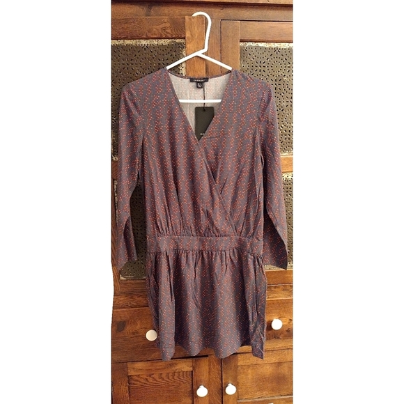 Color Block Long Sleeve Mini Dress, Size Small, Steel Blue/Red & Tan Design - Picture 3 of 10